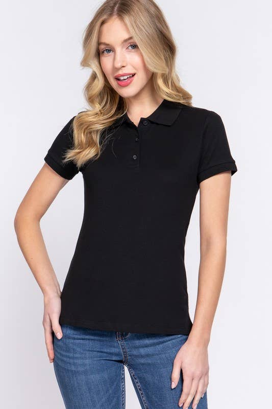 Active Basic | Active USA - Short Sleeve Classic Pique Polo Top: Blk-Black / L