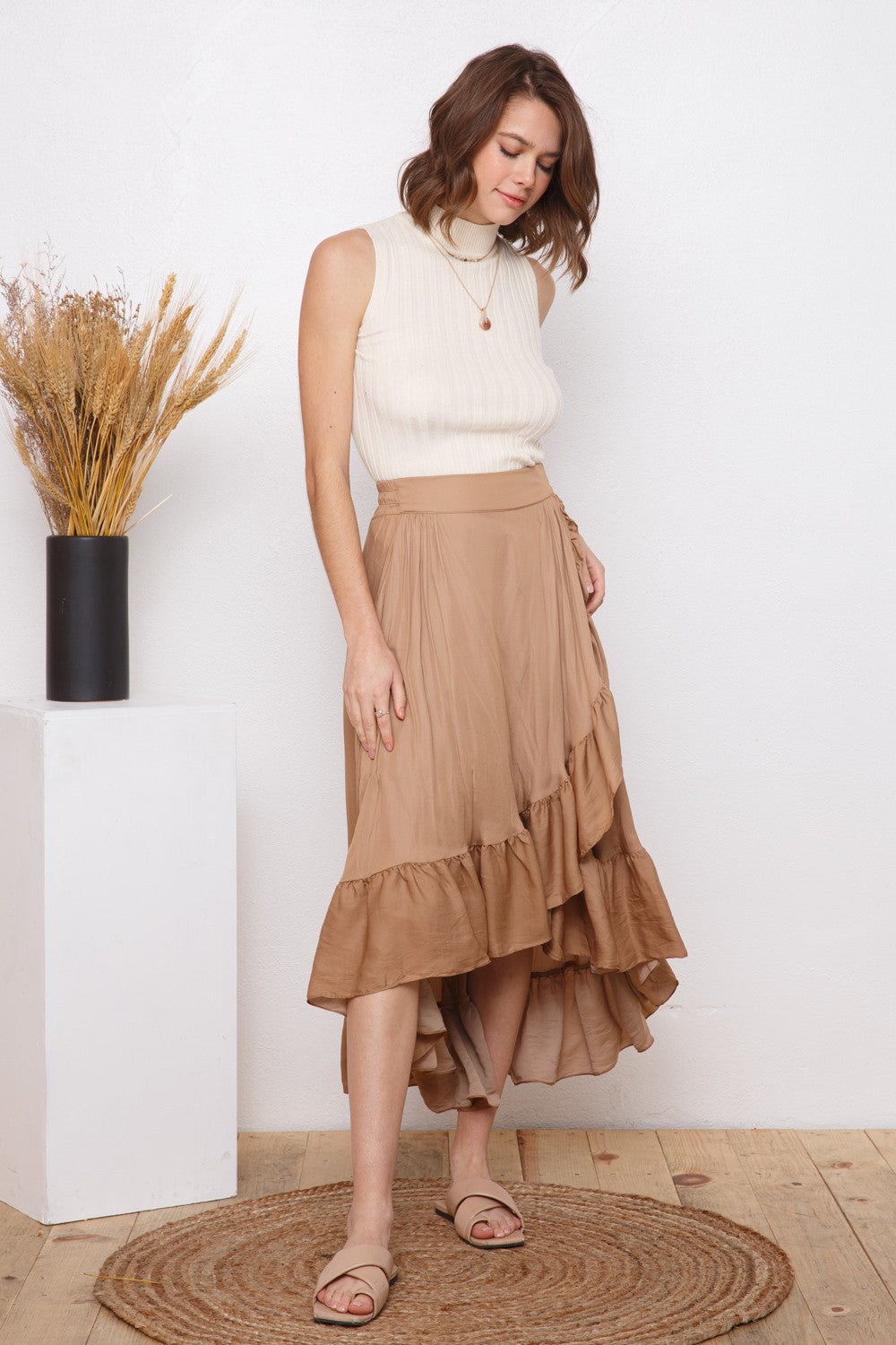 SATIN ELASTIC BAND BACK RUFFLE WRAP MAXI SKIRT