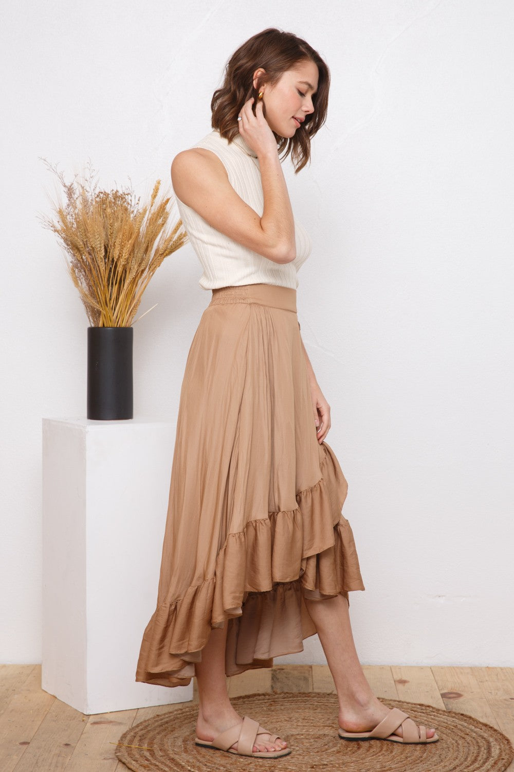 SATIN ELASTIC BAND BACK RUFFLE WRAP MAXI SKIRT